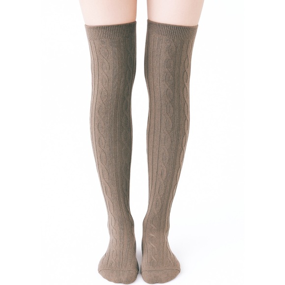Taupe Beige Cable Knit Over The Knee Socks Cozy Winter Boot Stockings - Picture 4 of 4